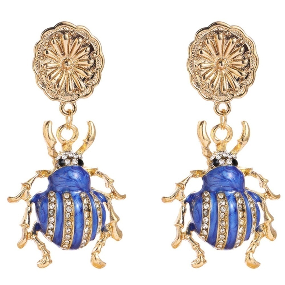 Goldtone Flower & Blue Beetle Drop Earrings